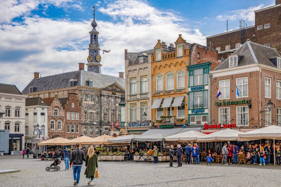 Den Bosch ('s-Hertogenbosch Netherlands), April 2019. People shopping and enjoying the city centre of Den Bosch.